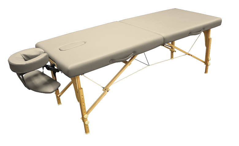 Custom Craftworks COMPANION massage table with wood legs, Shiatsu cables, and face cradle.
