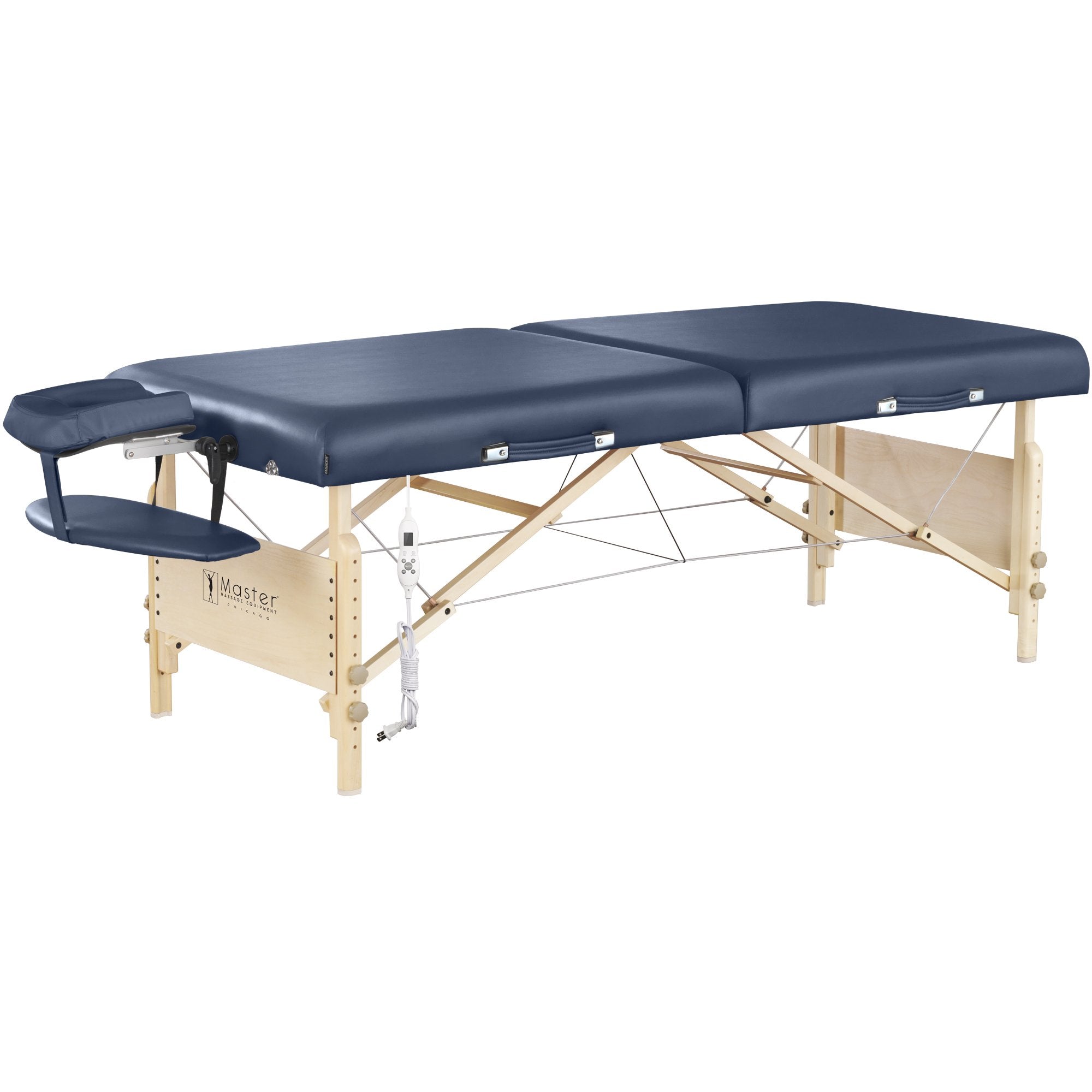 Master Massage CORONADO Therma-Top table with navy cushion, wood legs, and face cradle unfolded.