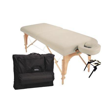 Custom Craftworks ATHENA portable massage table with cream padding and black carrying case.