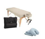 Custom Craftworks ATHENA portable massage table with face cradle, case, and blue linens shown.