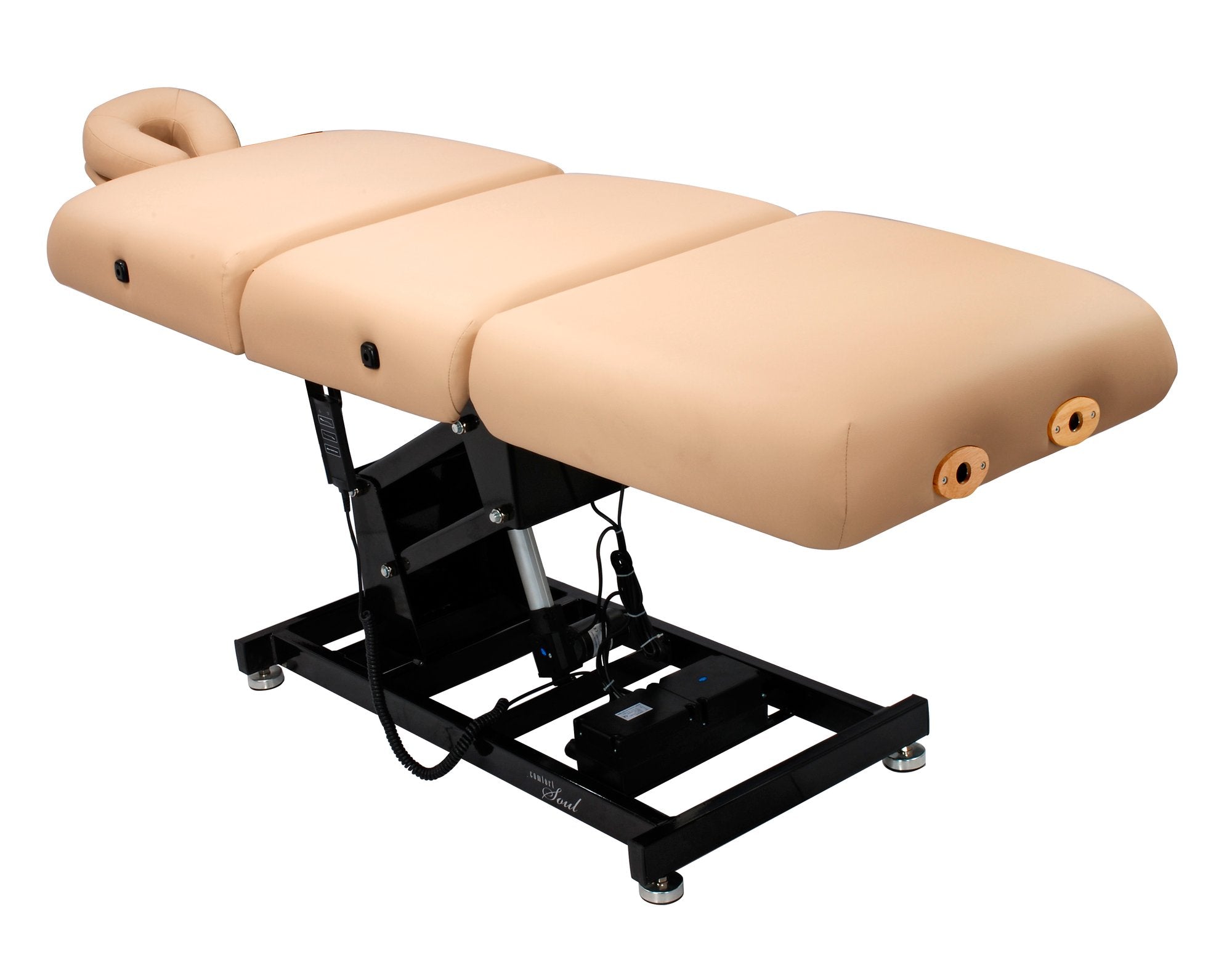 Comfort Soul LUMINA ELITE Electric Lift Table with ergonomic beige cushion, black metal base.
