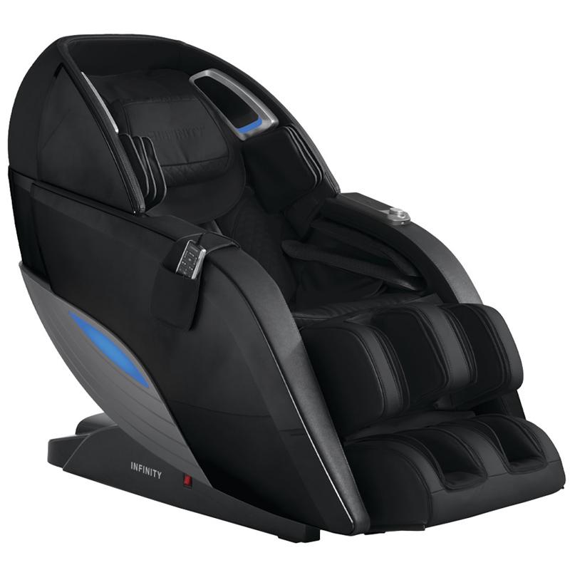 Infinity DYNASTY 4D Massage Chair: Black, side panel, blue lights, advanced 4D back massage.