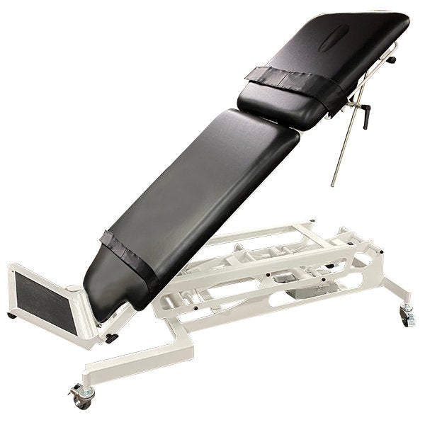 PHS Medical Elevating Therapy Tilt Table is an adjustable rehab table with headrest and wheels.
