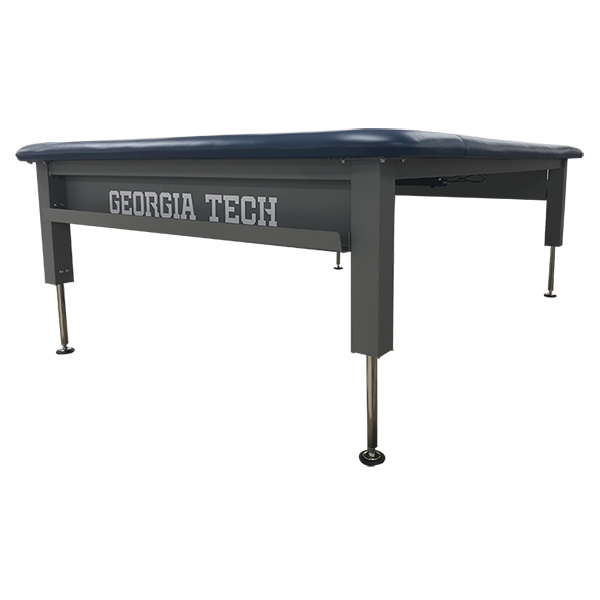 PHS Medical Aluma Elite Elevating Mat Table with blue padded top and custom side graphics.