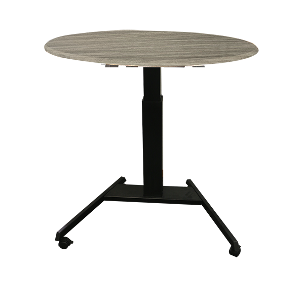 PHS Medical HT1900 round height-adjustable table with wood top and black wheeled base.