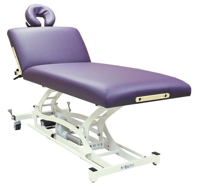 Custom Craftworks HANDS FREE LIFT BACK Table, purple, face cradle, dual foot bar, white frame.
