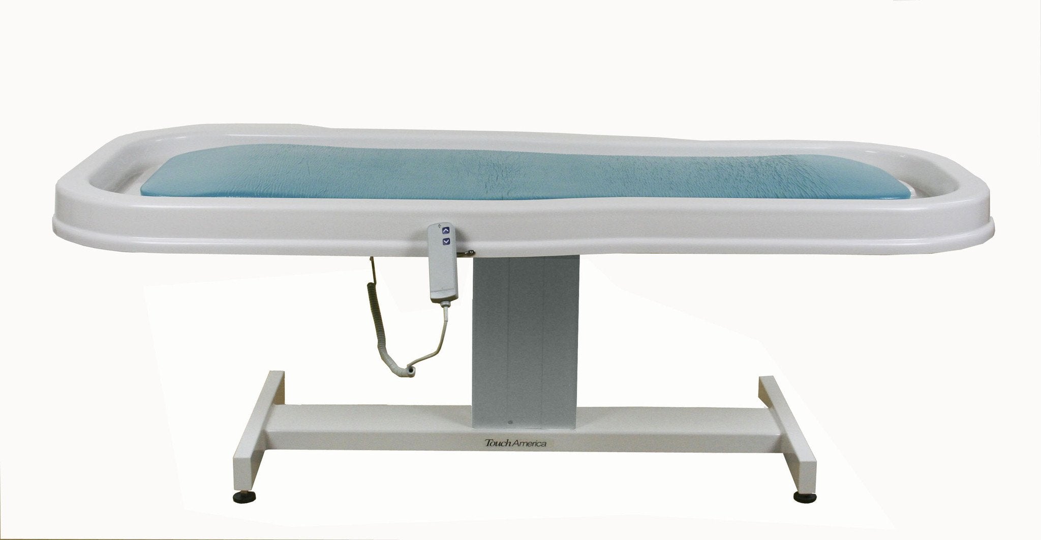 TouchAmerica Neptune Battery Wet Table with blue mat, perfect for hydrotherapy and wet use.