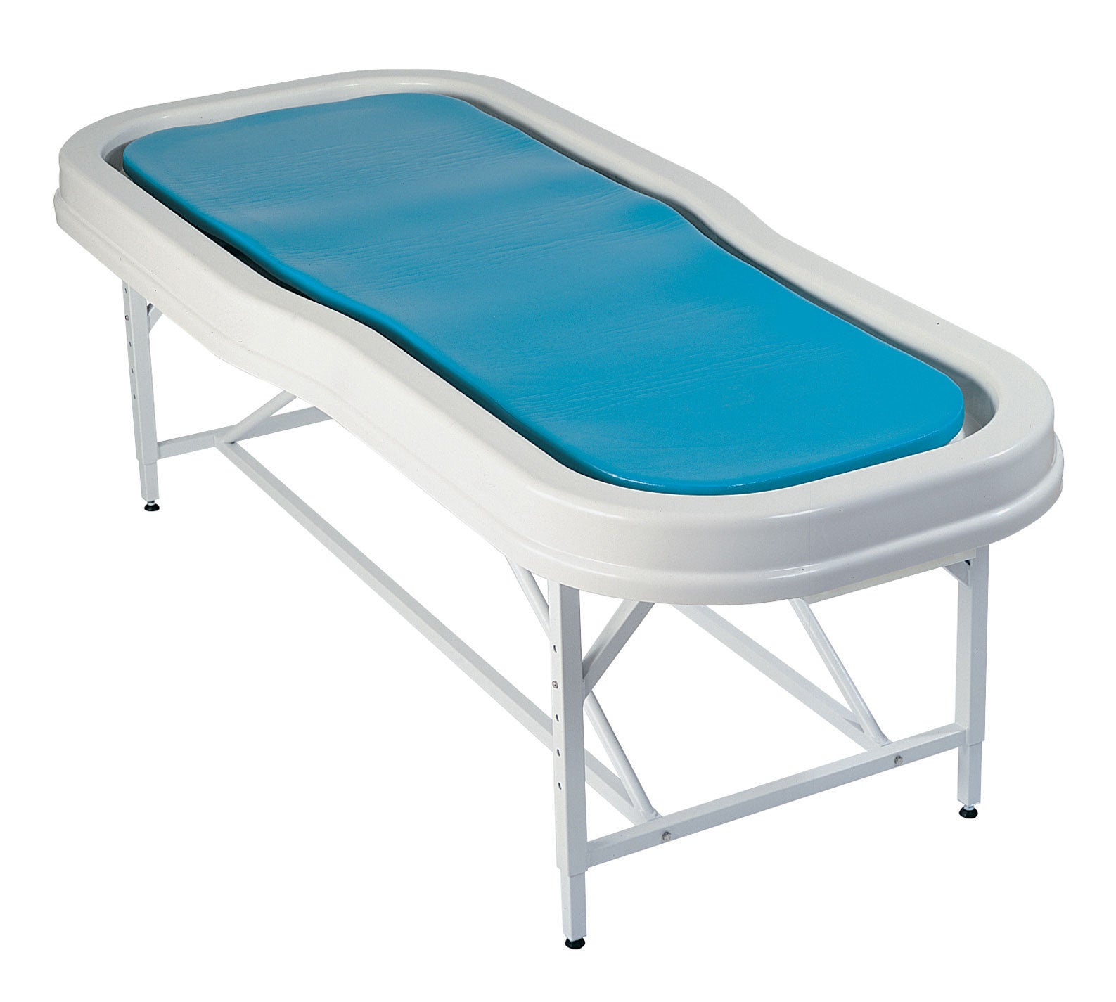 TouchAmerica STATIONARY NEPTUNE/VICHY Shower table with blue cushion and metal frame, angled view.