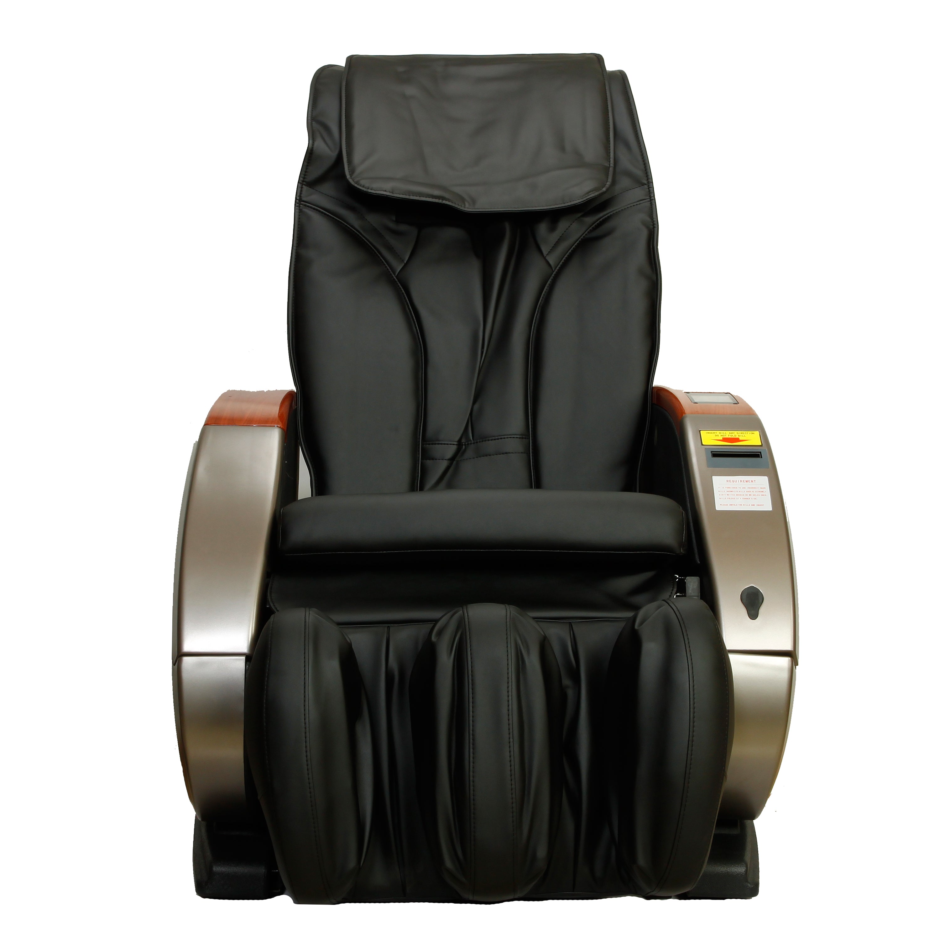 Infinity IT-6900 Vending Massage Chair by Infinity in black leather, metallic armrests, front view.
