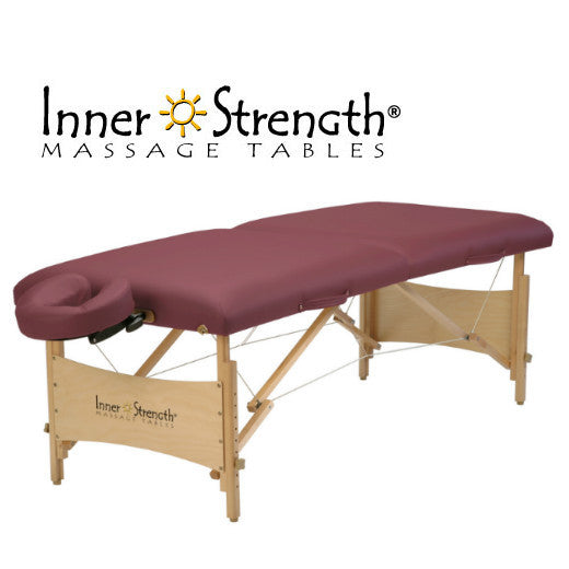 Inner Strength ELEMENT Portable Massage Table, maroon, with wooden legs and brand logo above.