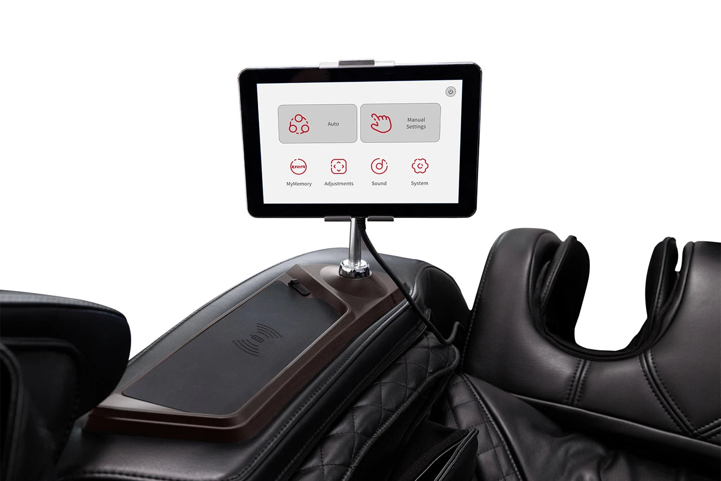 The Kyota Nokori M980 Syner-D chair has a touchscreen, armrest, and headrest.