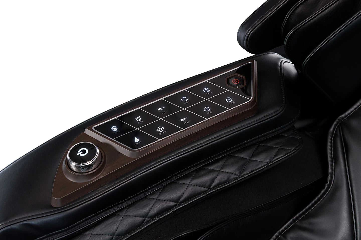 Close-up of the Kyota Nokori M980 Syner-D massage chair control panel on the armrest.