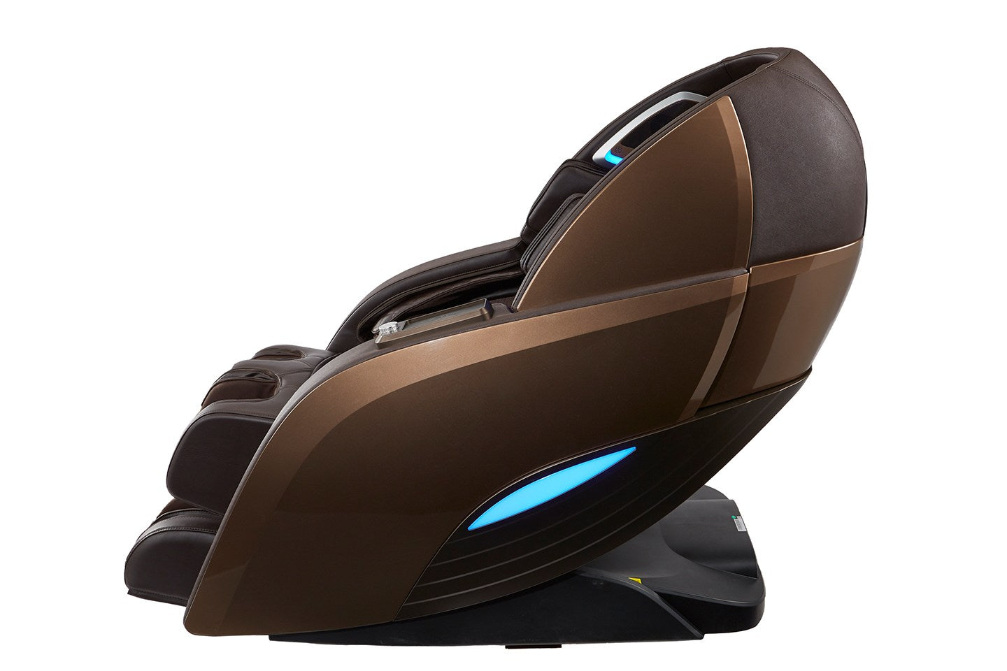 Side view of a Kyota Yutaka M898 4D Certified Preowned Massage Chair with blue accent lighting.