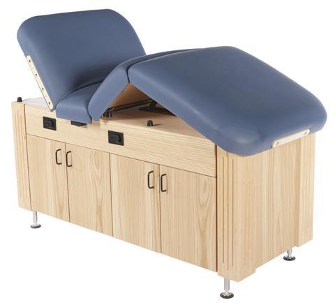 Custom Craftworks M100 Deluxe Electric Spa Table with blue padding and wooden storage base.