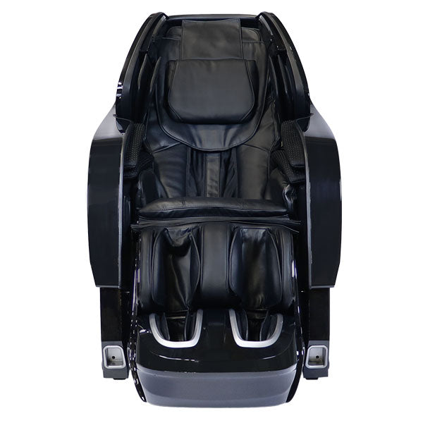 Kyota YOSEI M868 4D Electric Massage Chair in black leather, front view with foot and arm slots.