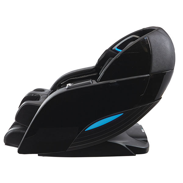Black and blue Kyota Yutaka M898 4D massage chair, reclined, side view (Certified Preowned).