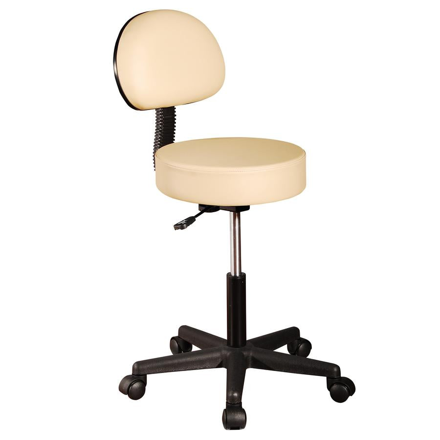 Master Massage cream pneumatic rolling stool with backrest and five caster wheels.