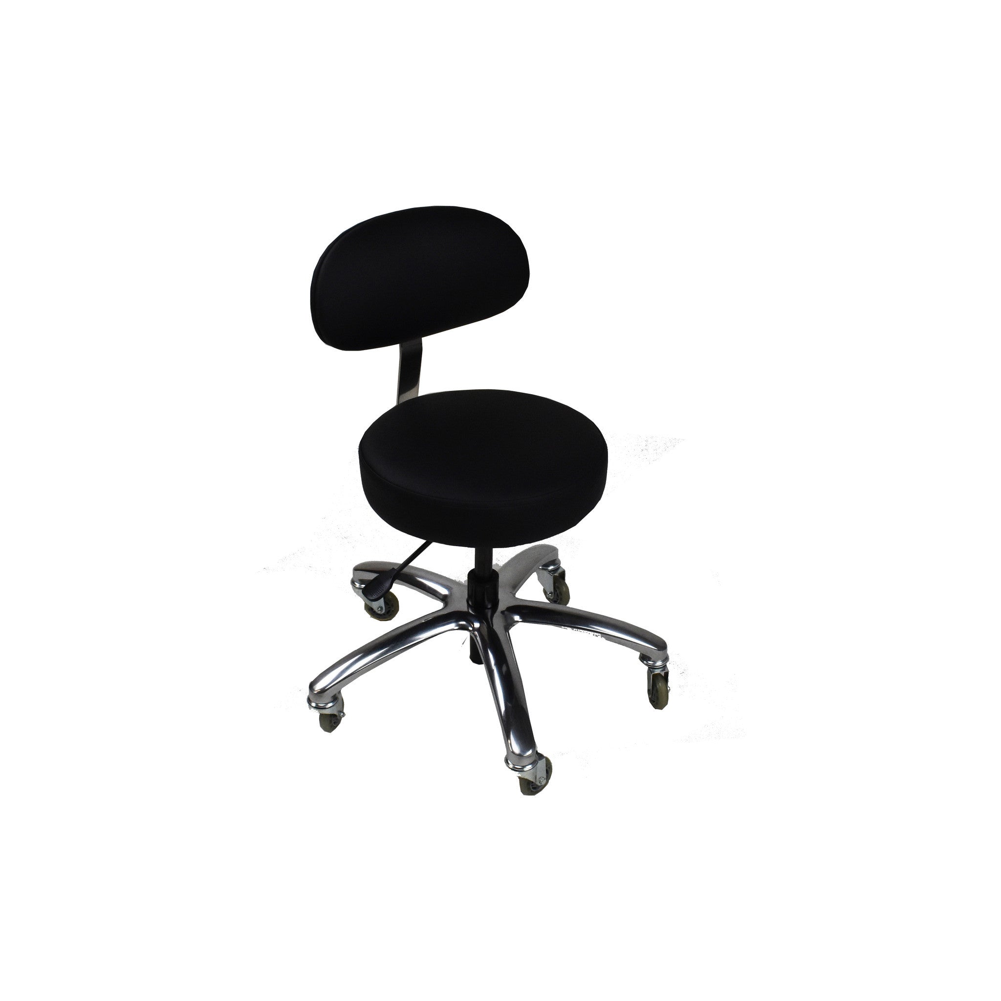 TouchAmerica ProStool: black, adjustable technician's stool, chrome base, no armrests.