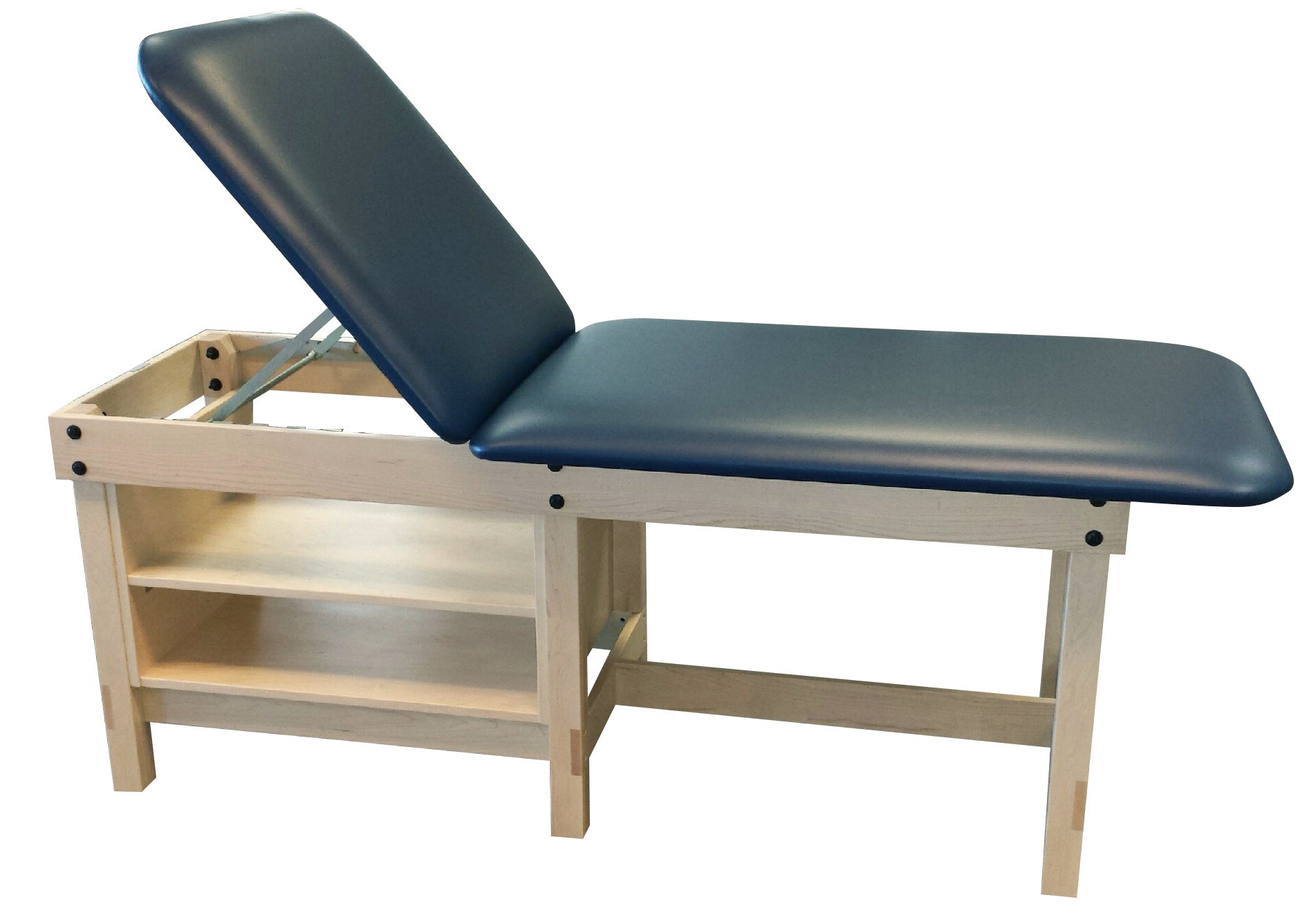 PHS Chiropractic NSK WOOD Treatment table with blue backrest and open storage shelf.