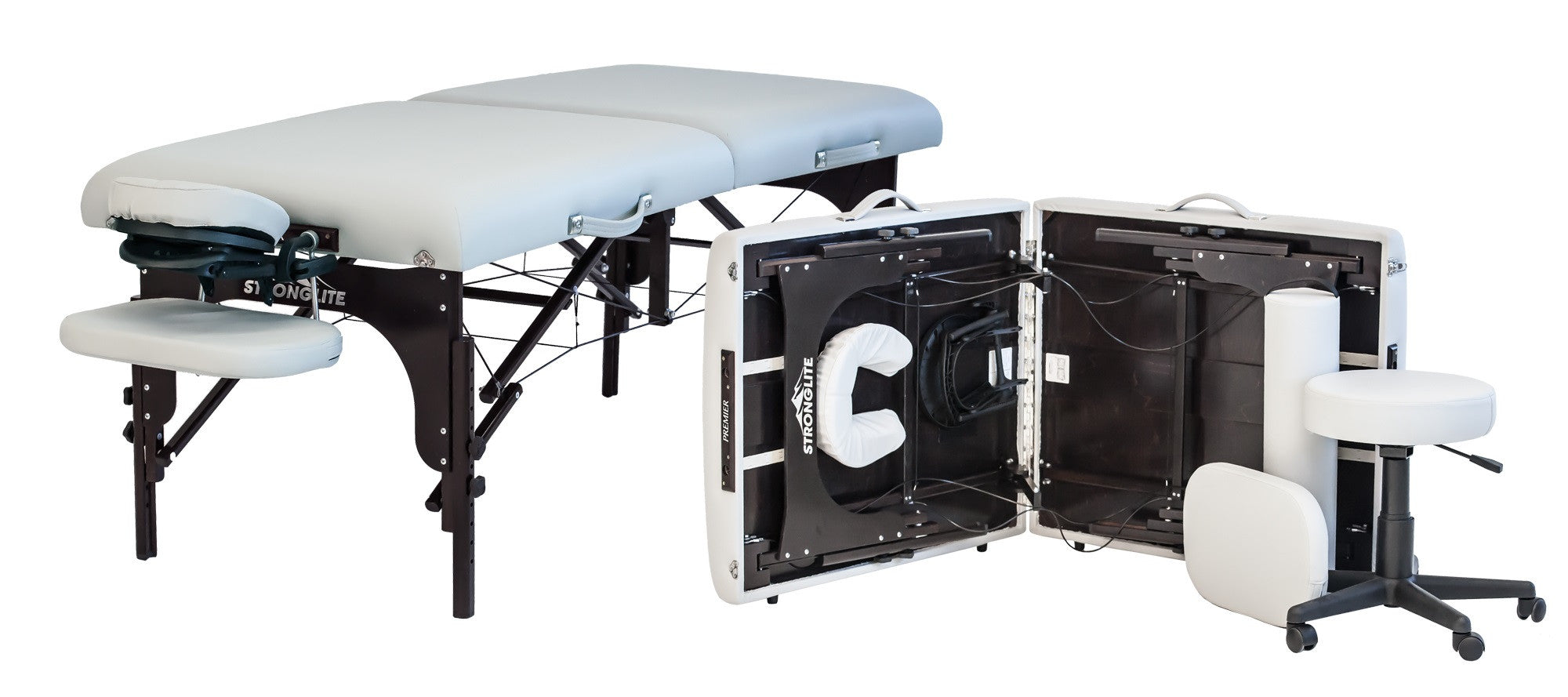 Stronglite PREMIER Portable Massage Table, shown open and in its carrying case.