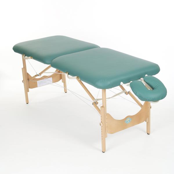 Pisces Pro NEW WAVE II Hardwood massage table with teal padding and adjustable headrest.