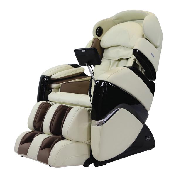 Osaki OS-3D Pro CYBER Massage Chair in cream and brown with leg rests and 3D massage tech.