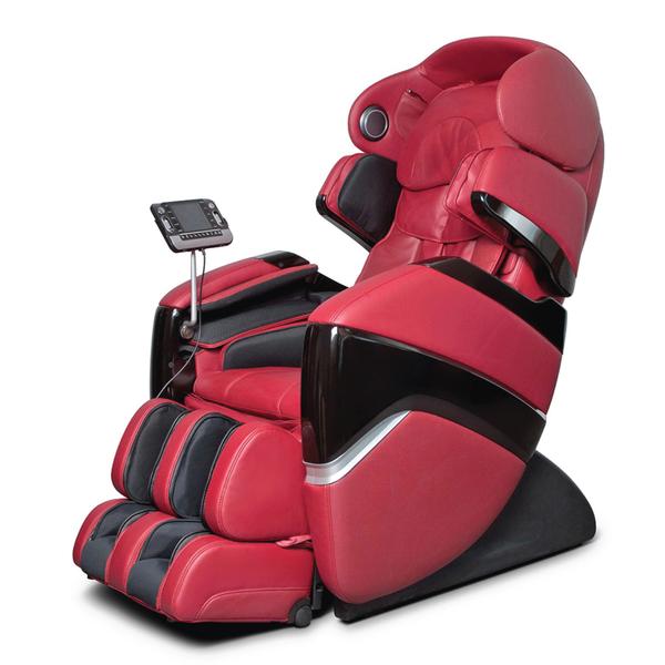 Osaki OS-3D Pro CYBER Massage Chair in red/black with built-in controls and padded arm/leg rests.