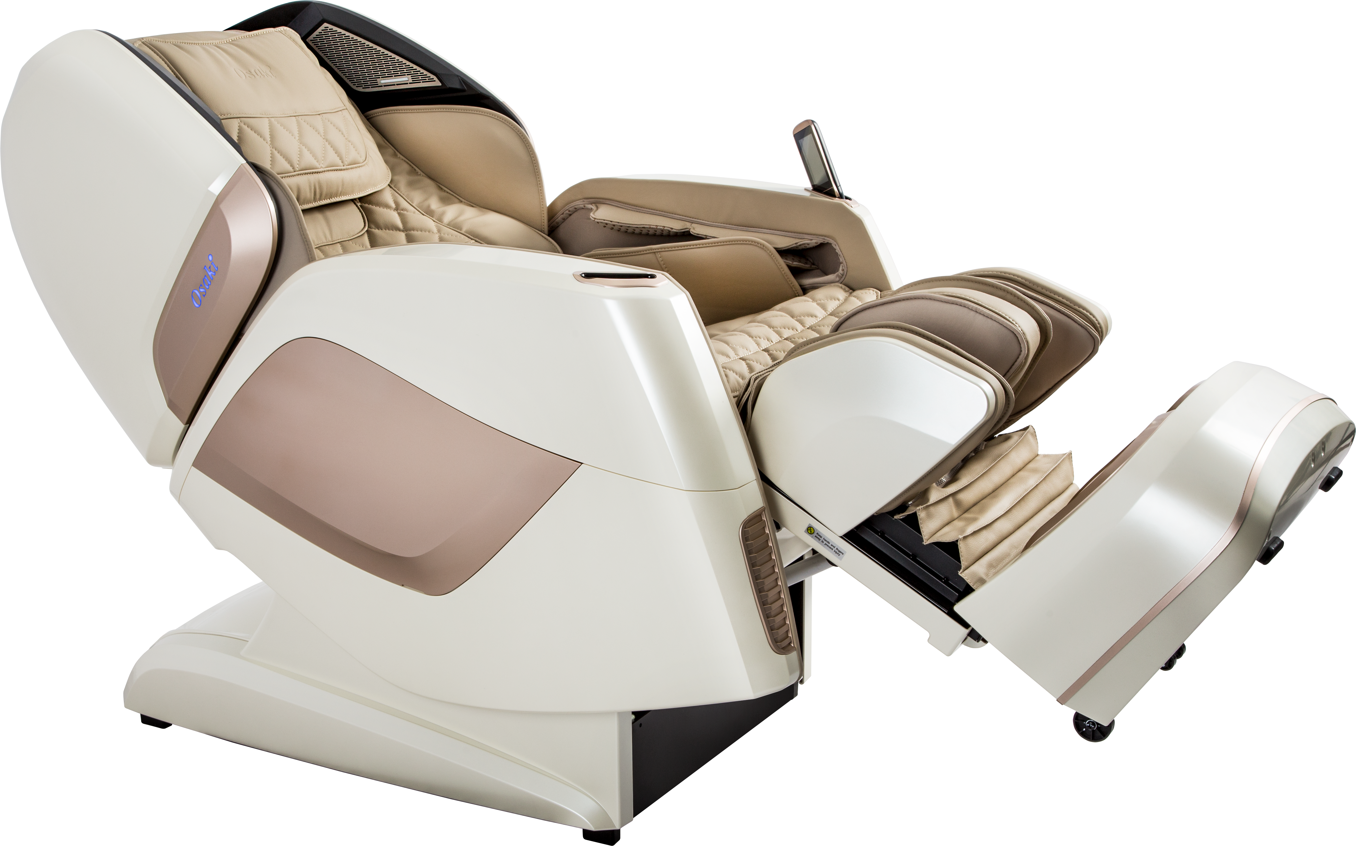 Beige and brown Osaki OS-PRO Maestro Massage Chair shown reclined with electronic controls.