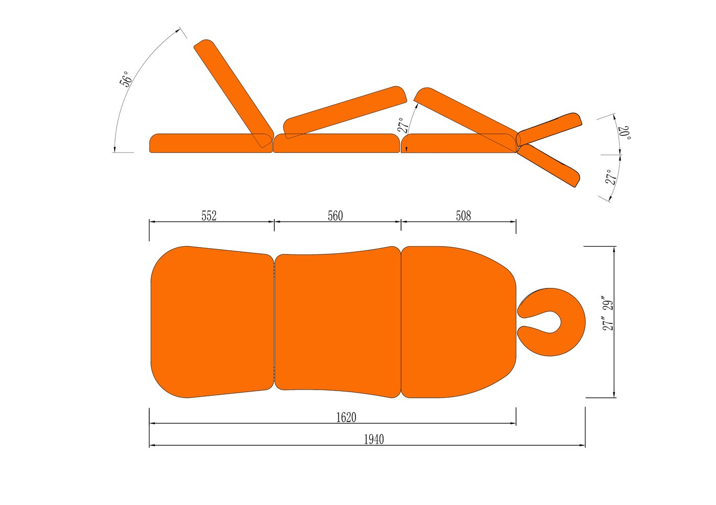 Technical drawing of Master Massage 29” TheraMaster™ 4 Section Electric Table with measurements.