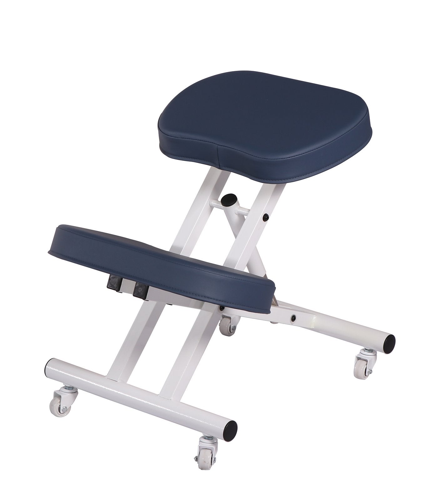 A royal blue ergonomic steel kneeling chair with a white frame and black wheels.