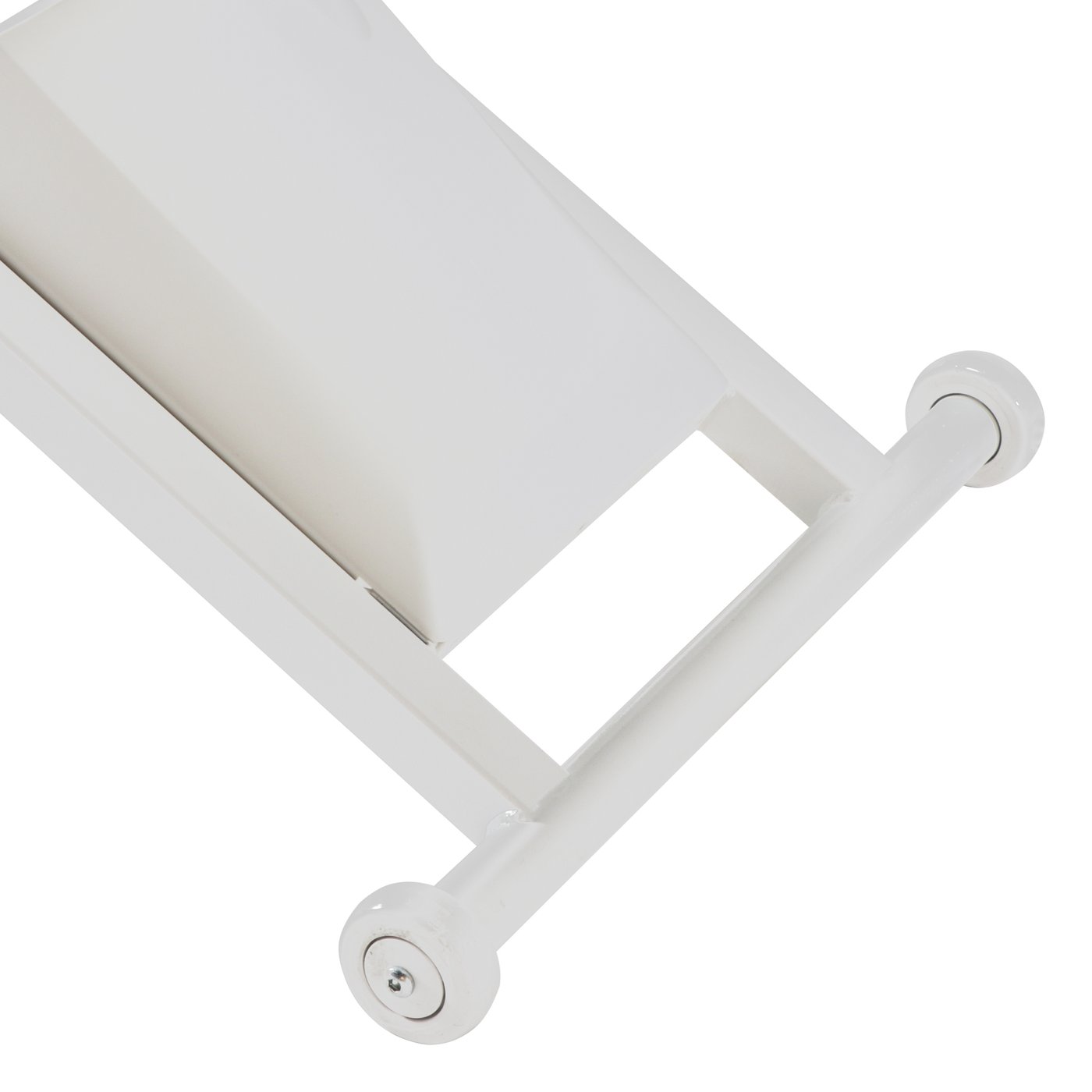 Close-up of the white base and wheels of the Master Massage 29” TheraMaster Powerlift Table.