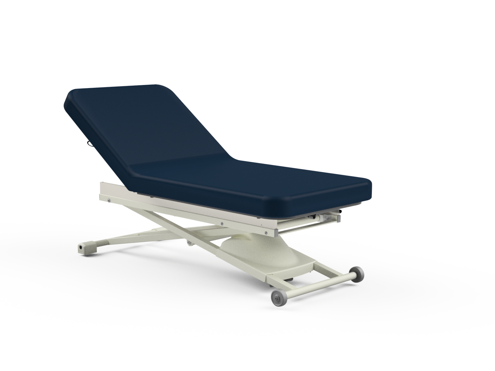Oakworks PROLUXE ADA exam table, blue cushion, metal frame, wheels, lift-assist backrest.