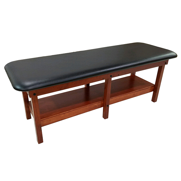 PHS Medical PRO 6 Leg Classic Wood Treatment Table with black top and storage shelf.