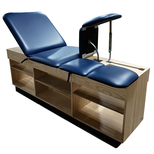 PHS Medical PT9081 Hip & Knee Flexion Cabinet with blue cushions and open storage shelves.