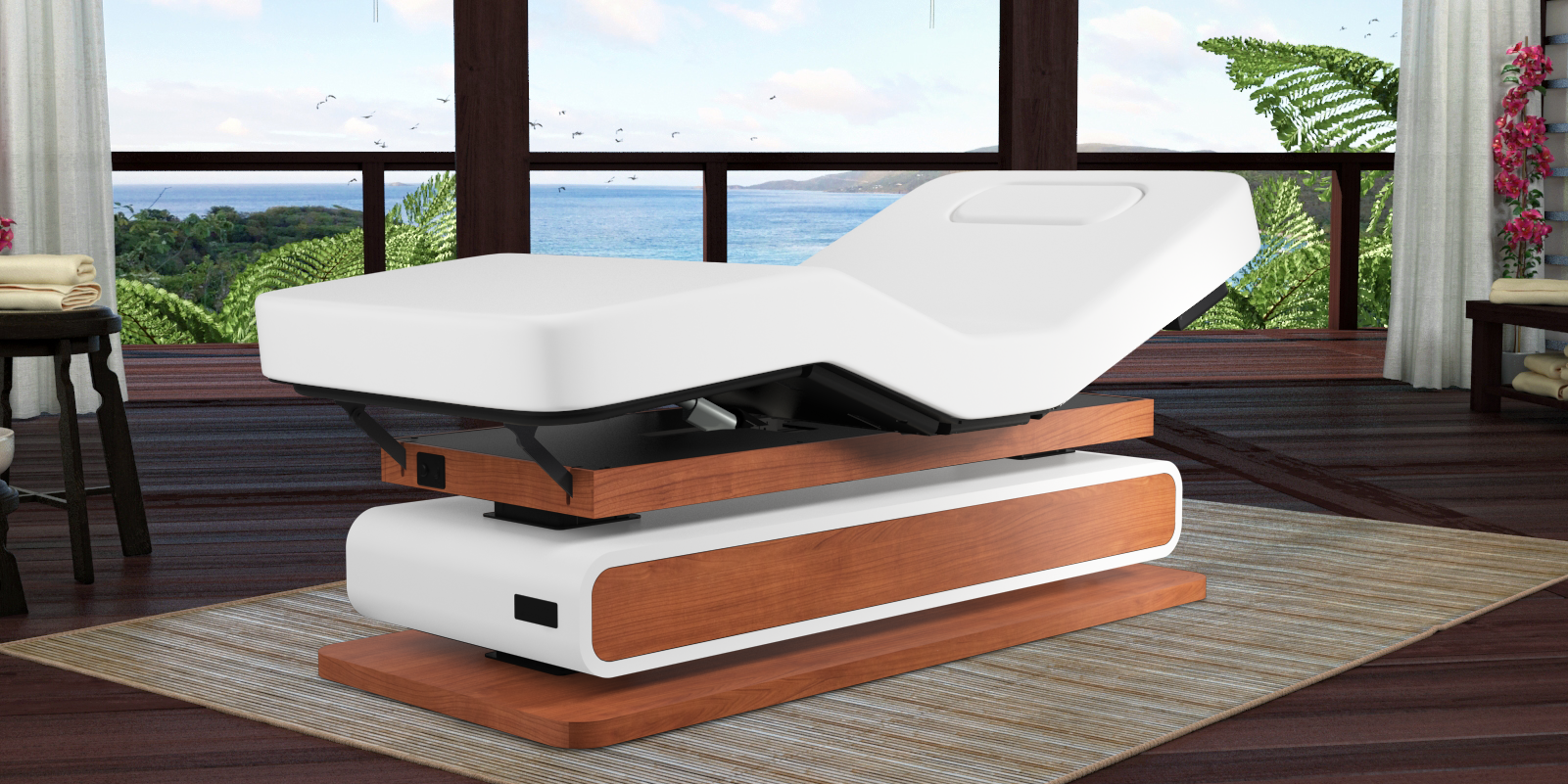 Oakworks Spa BRITTA Table: customizable comfort with ocean views and large windows.
