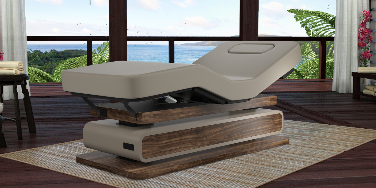 Oakworks Spa BRITTA Table: customizable, serene room, ocean view, adjustable breast comfort.
