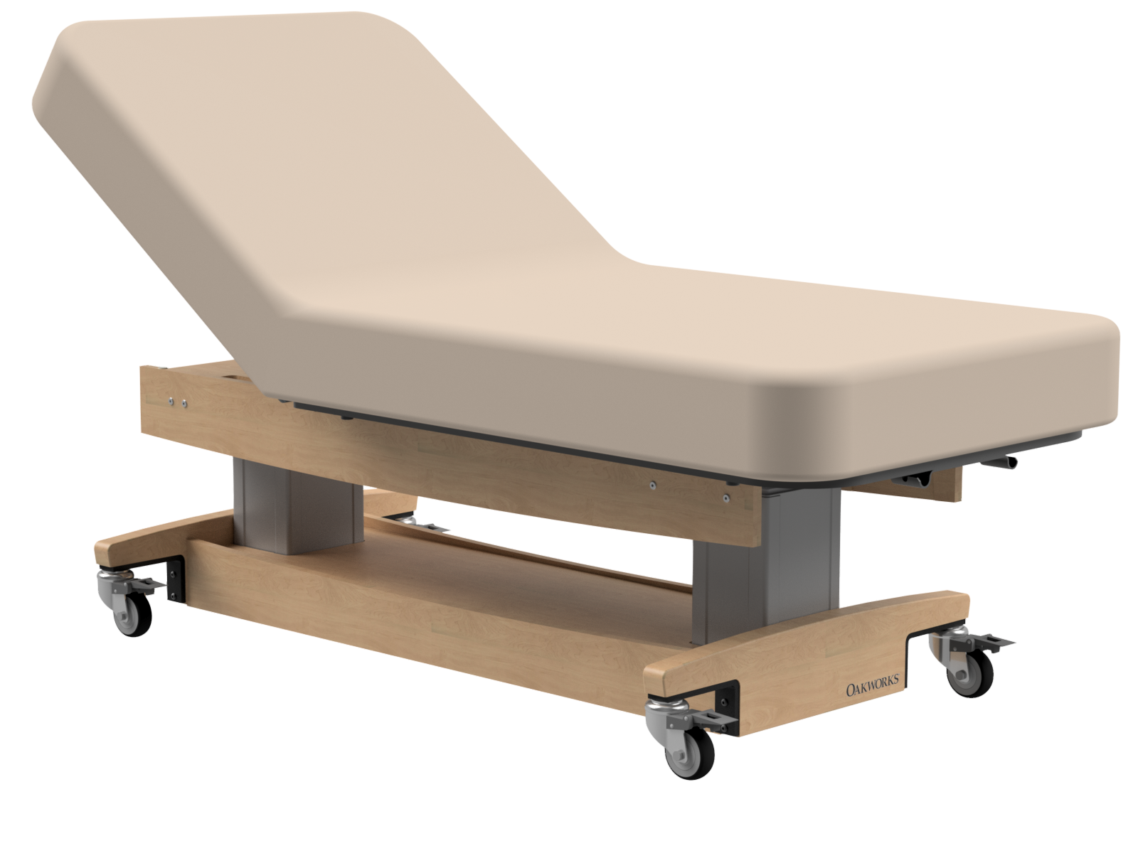 Oakworks PERFORMALIFT spa table with beige cushion and wood base on caster wheels.