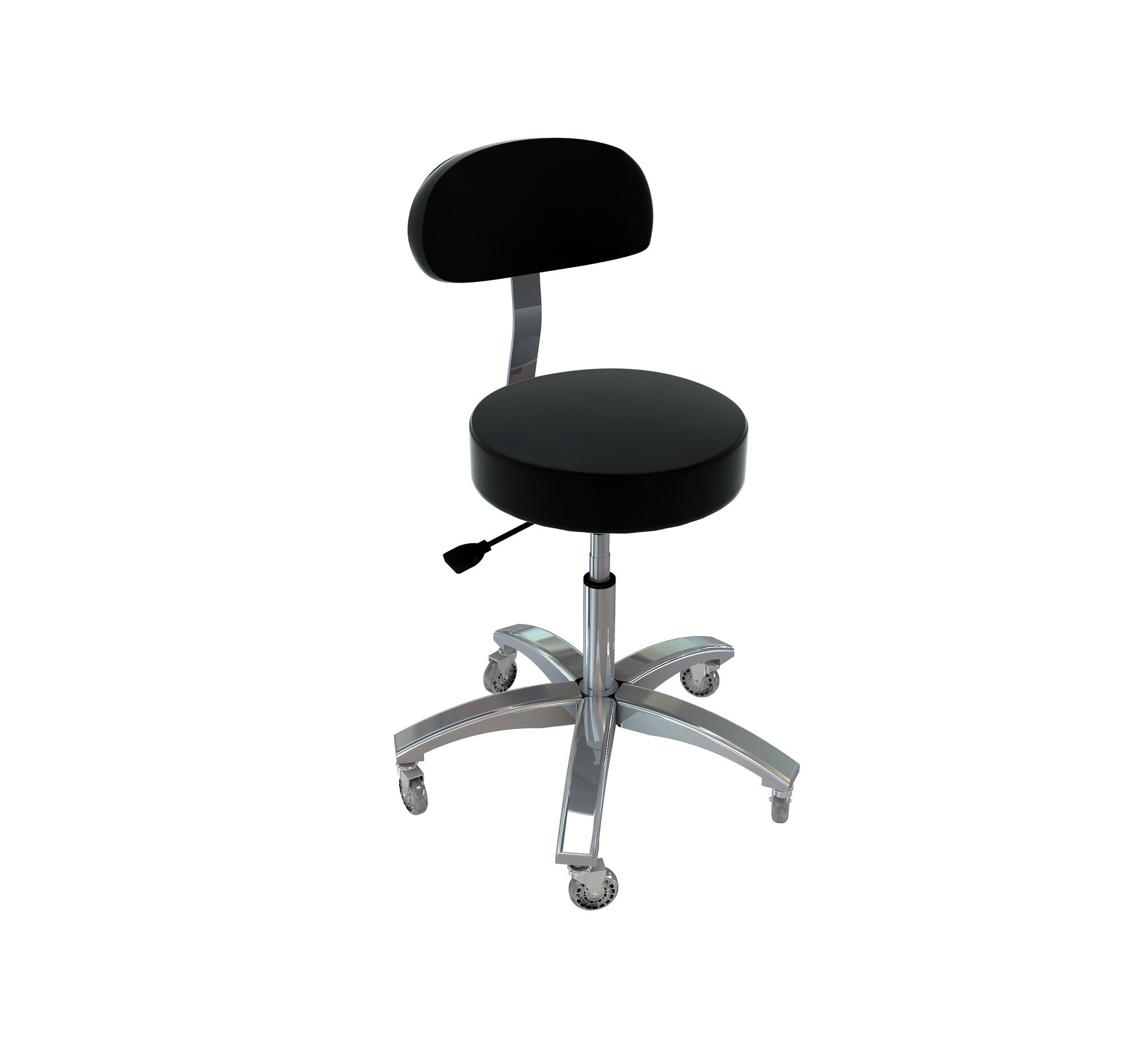 TouchAmerica ProStool: black adjustable stool with round seat, backrest, and metal base on casters.