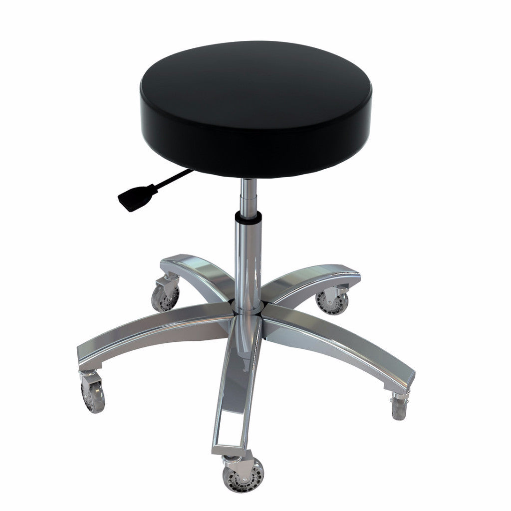 TouchAmerica ProStool: black round technician's stool with chrome legs, 5 caster wheels, top view.