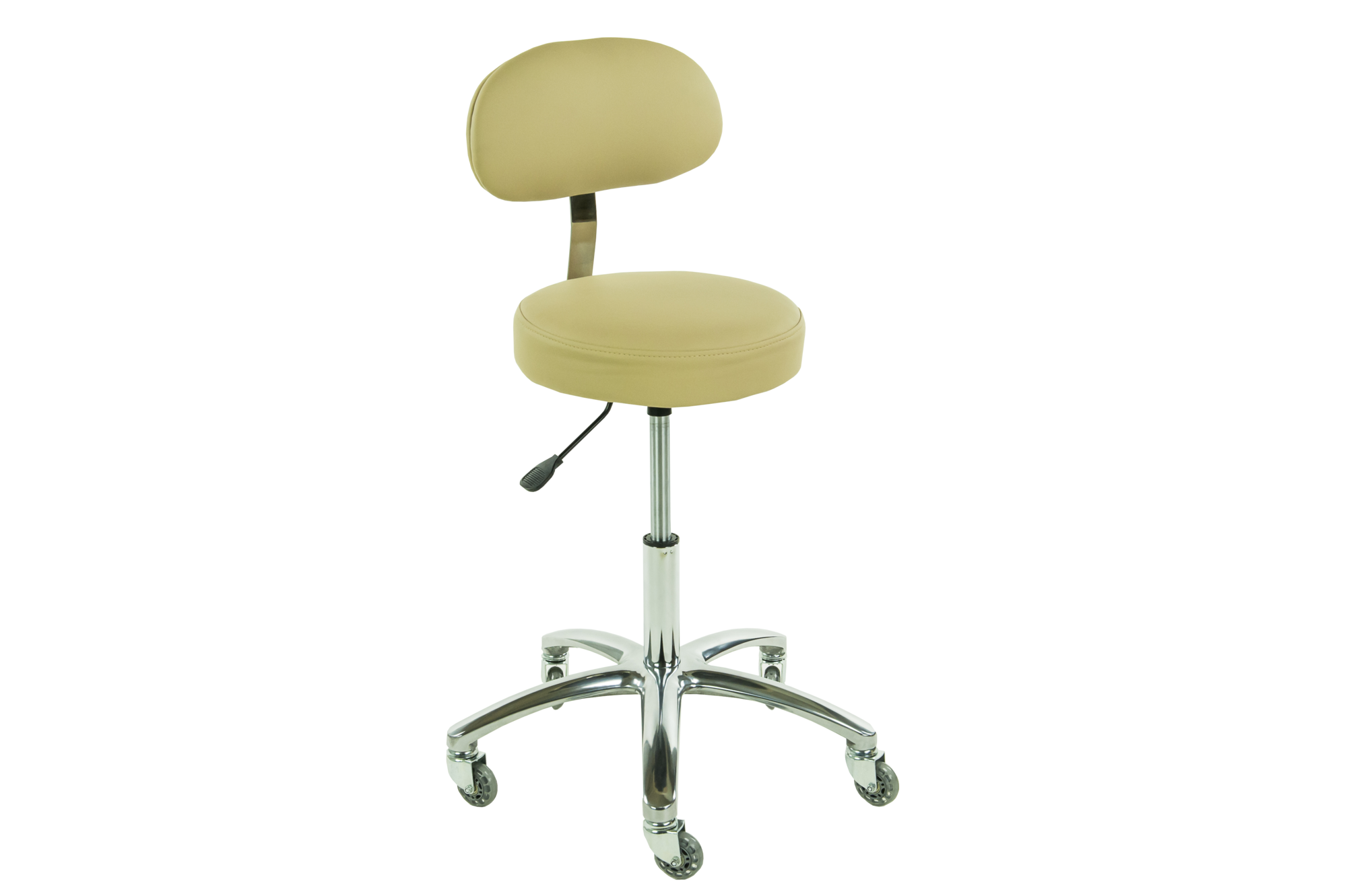 TouchAmerica ProStool: beige adjustable stool with backrest, chrome base, 5 caster wheels.