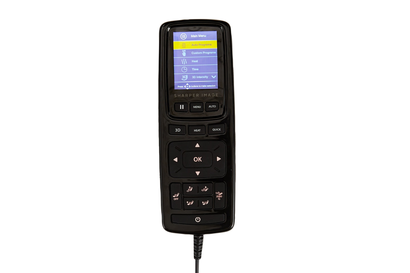 Black Sharper RELIEVE 3D Massage Chair remote with display and buttons, cabled.