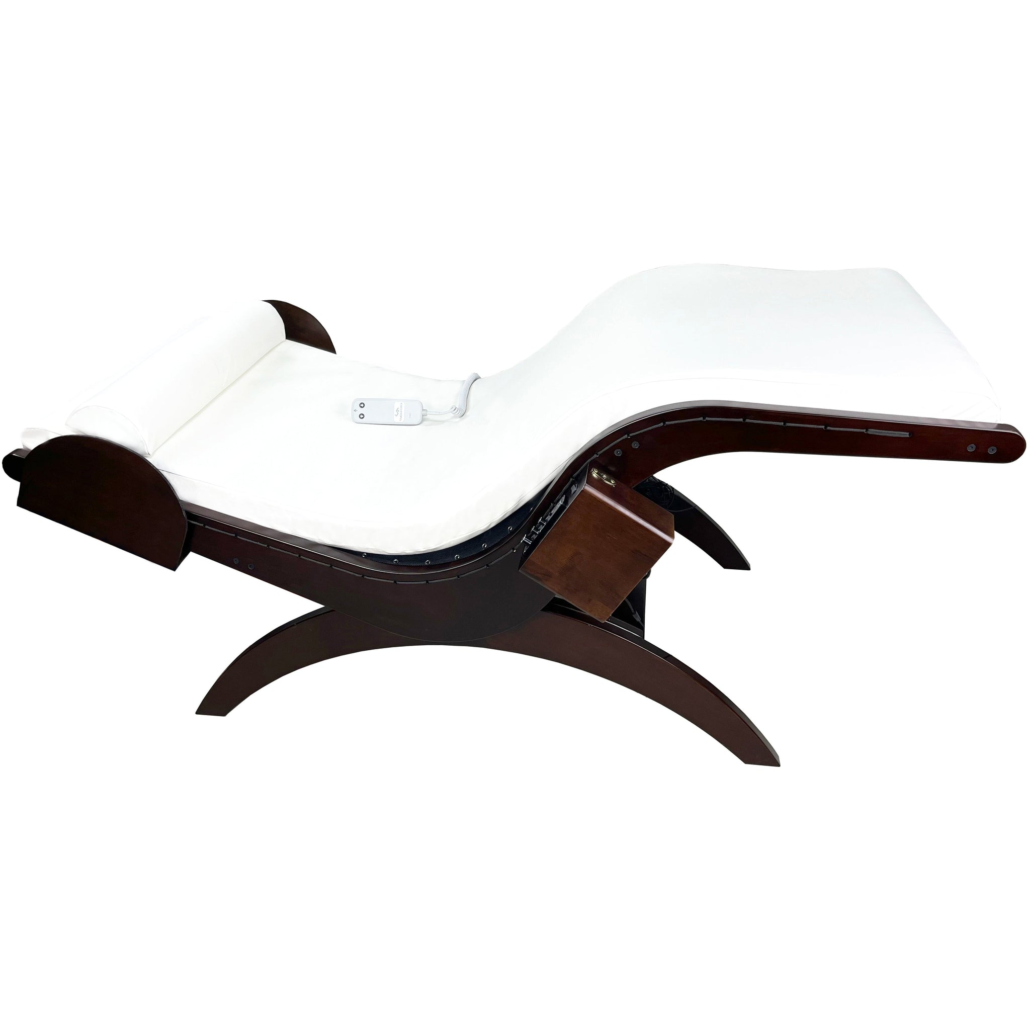 TouchAmerica S-Lounge with Sound Journey RX: white cushion, remote, dark wood frame.