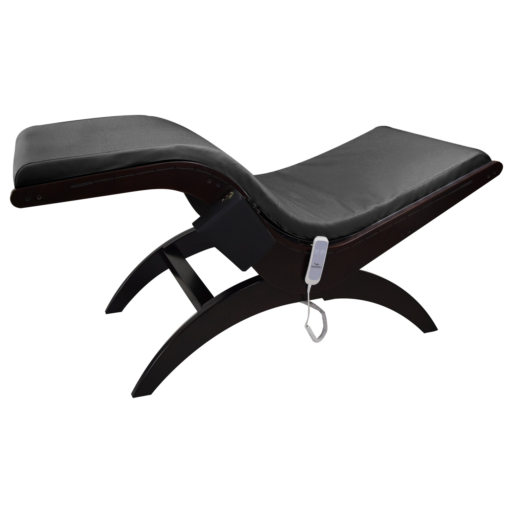 TouchAmerica S-Lounge with Sound Journey RX, black leather, curved wood base, remote control.