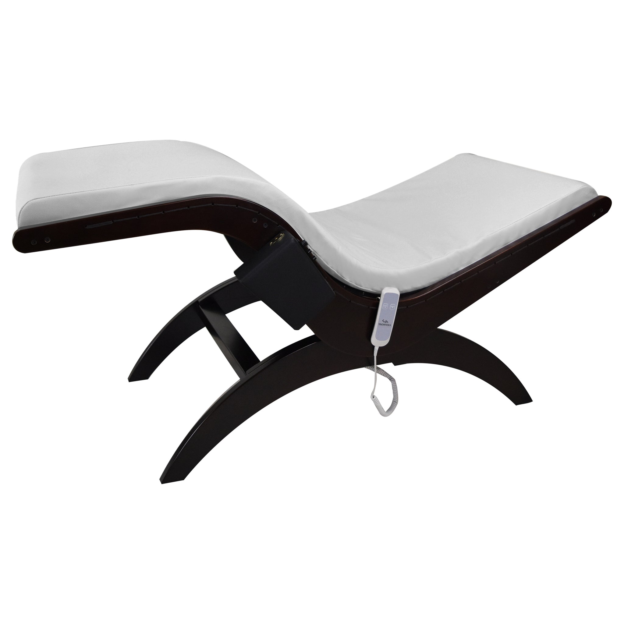 TouchAmerica S-Lounge with Sound Journey RX: white cushion, remote, dark wood frame.