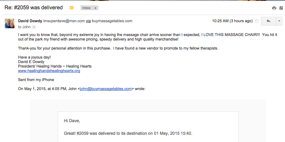 Customer praises fast delivery and quality of Stronglite ERGO PRO II Massage Chair.