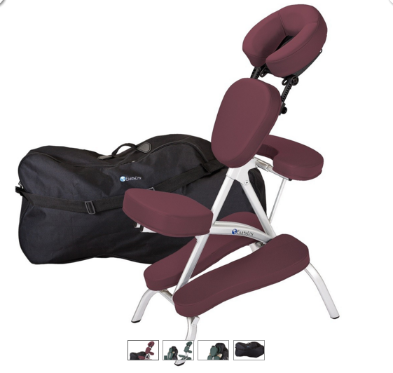 EarthLite VORTEX Portable Massage Chair with maroon cushions and black carrying case shown.
