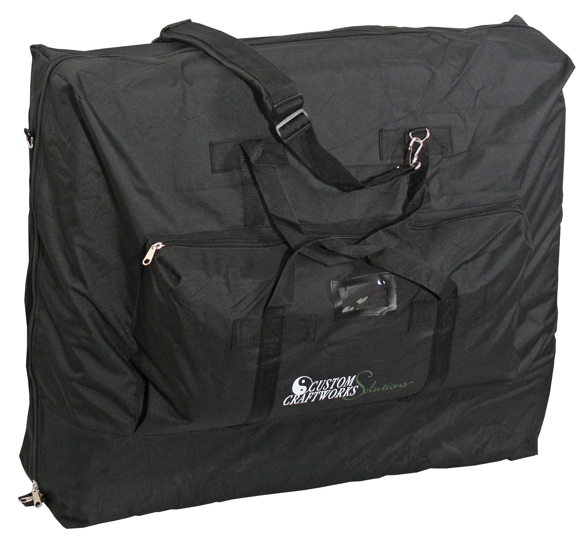 Black carrying case for Custom Craftworks DESTINY Lift Back Massage Table with handles and pocket.