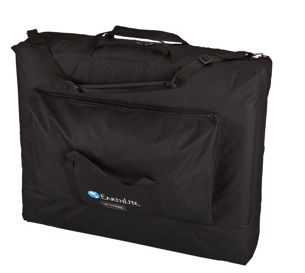 Black EarthLite carrying case for SPIRIT Portable Massage Table, with handles and front pocket.