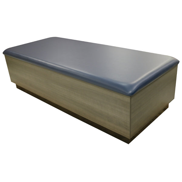 PHS Medical Deluxe Stretch Table with high density foam, blue vinyl top, and wood base.