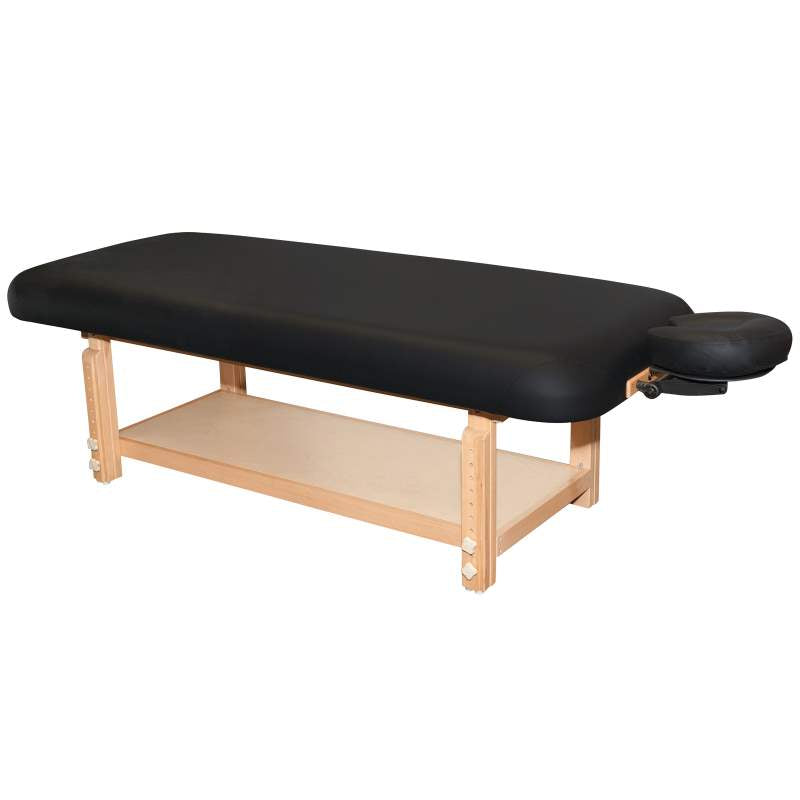 EarthLite TERRA Stationary Treatment Table with wood legs and face cradle on white background.